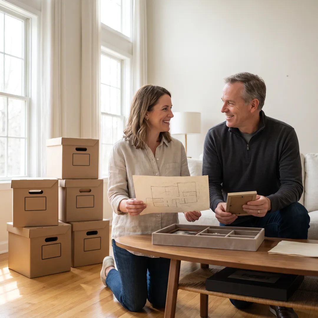 Organized downsizing team planning a senior move