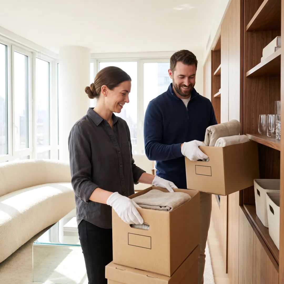 Organizers unpacking a luxury apartment