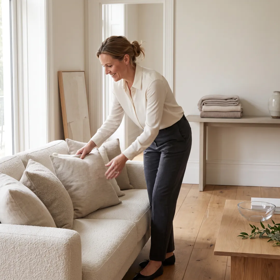 Organizer styling a living room for real estate listing photos