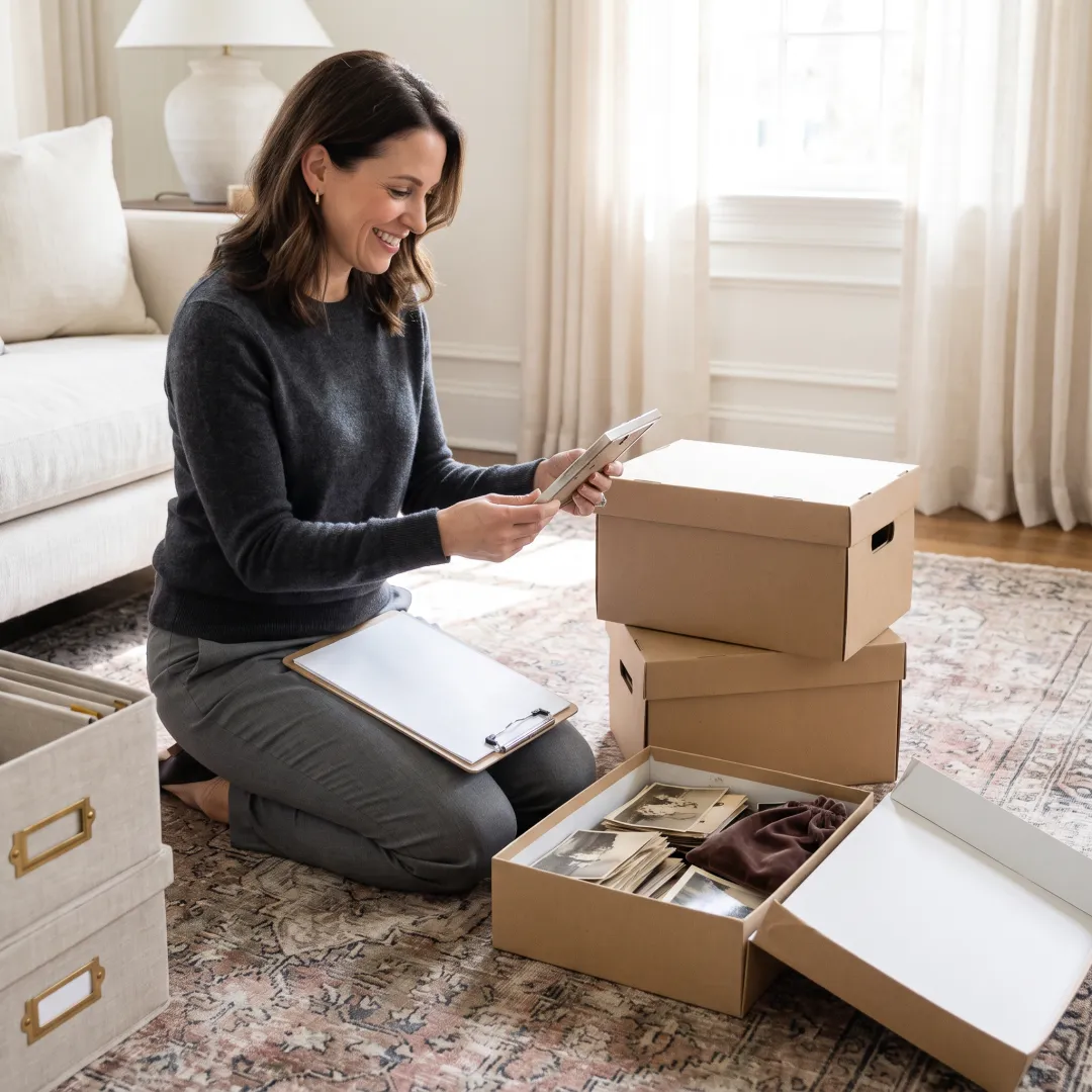 Organizer reviewing estate inventory in a refined home