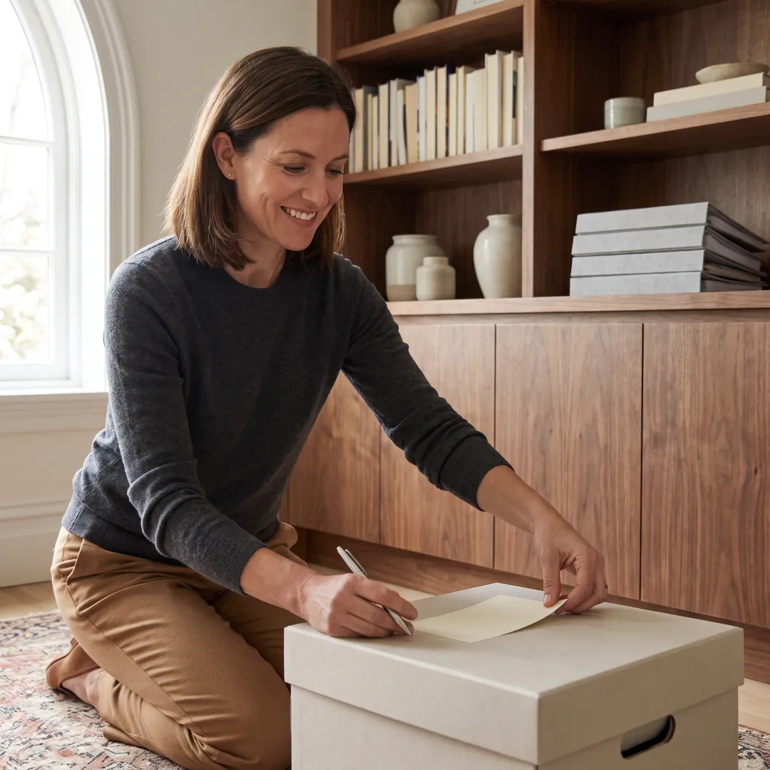 Estate downsizing specialist organizing labeled boxes