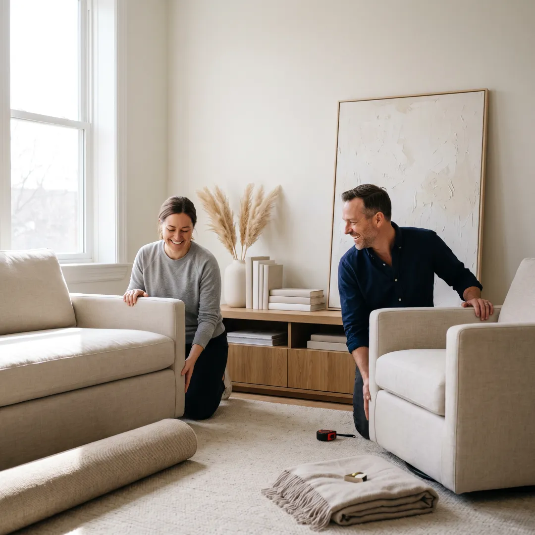 Stylists arranging rented furniture for staging