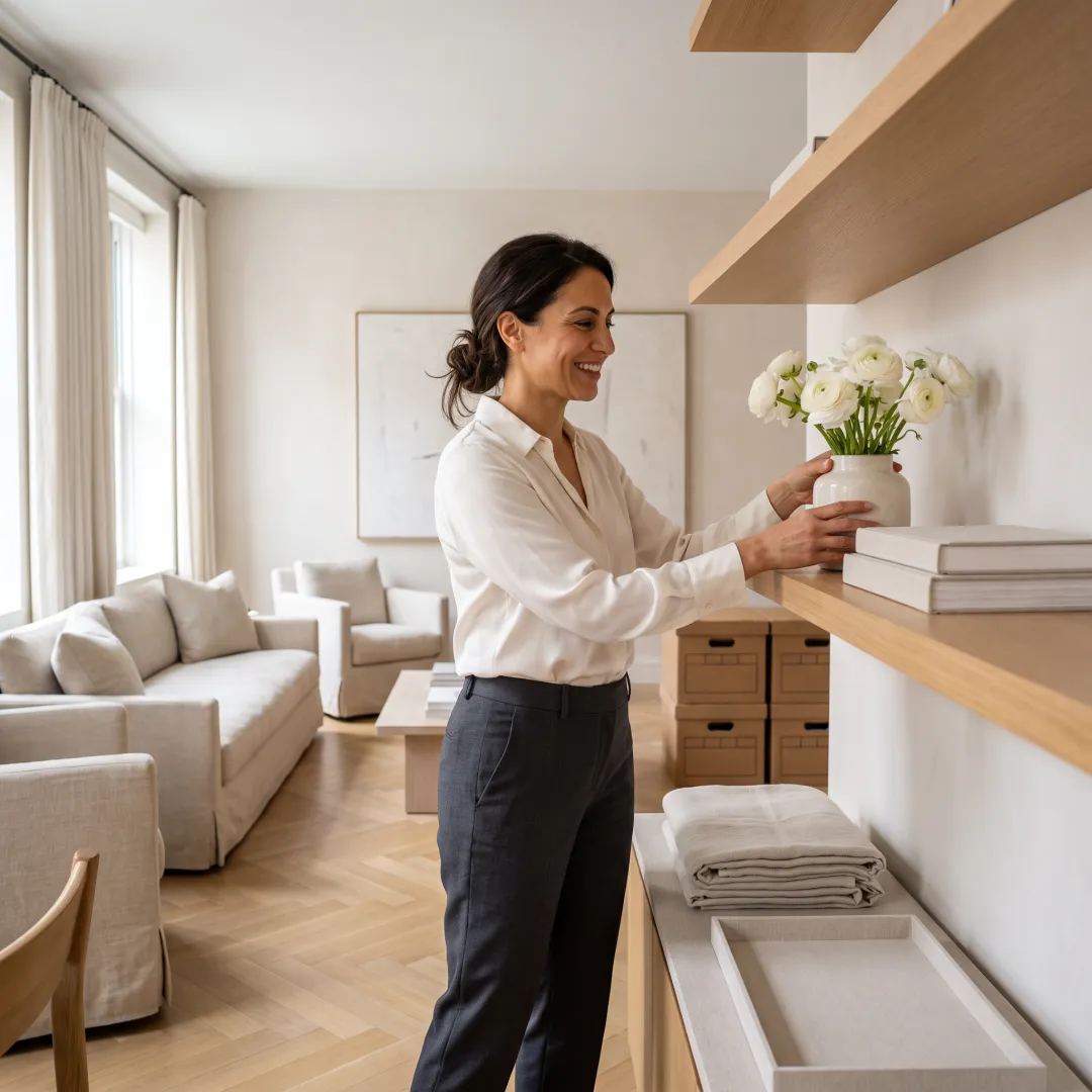 Professional organizer styling a bright home interior