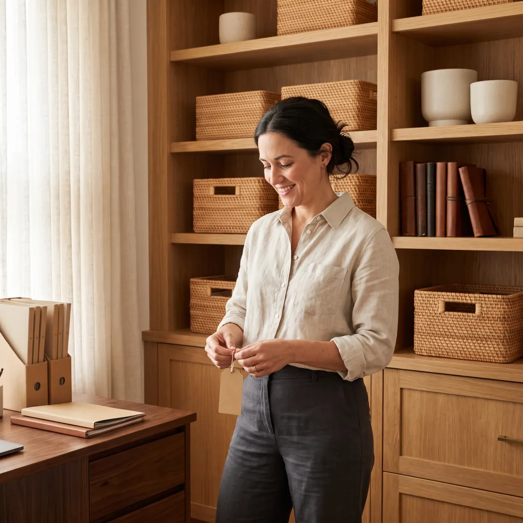 Professional organizer creating labeled storage systems