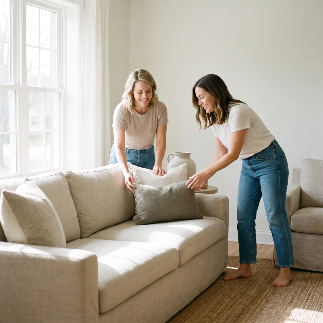 Home staging team styling a bright living room