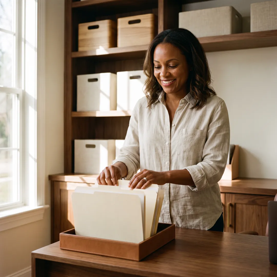 Organizer arranging a refined home office workspace