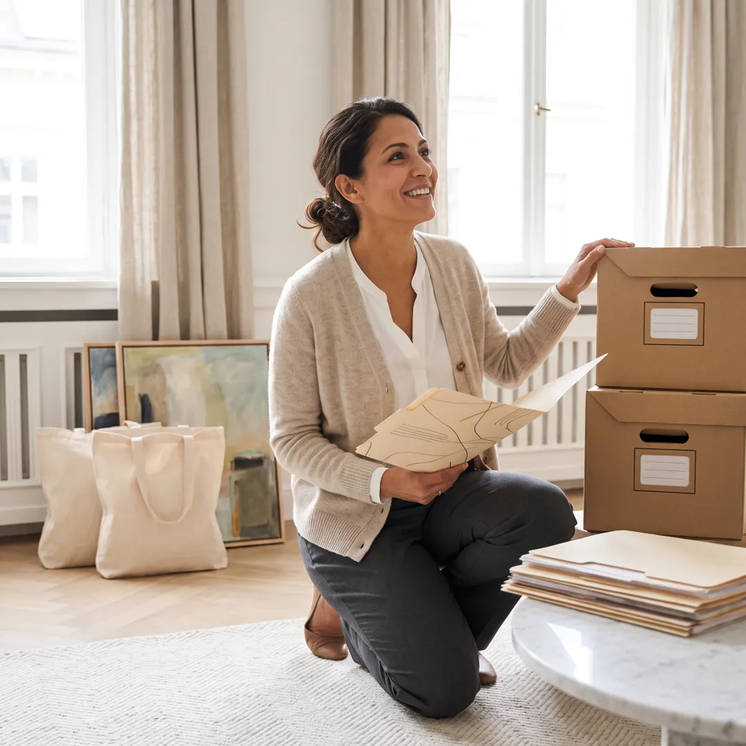 Organizer reviewing estate inventory and labeled boxes