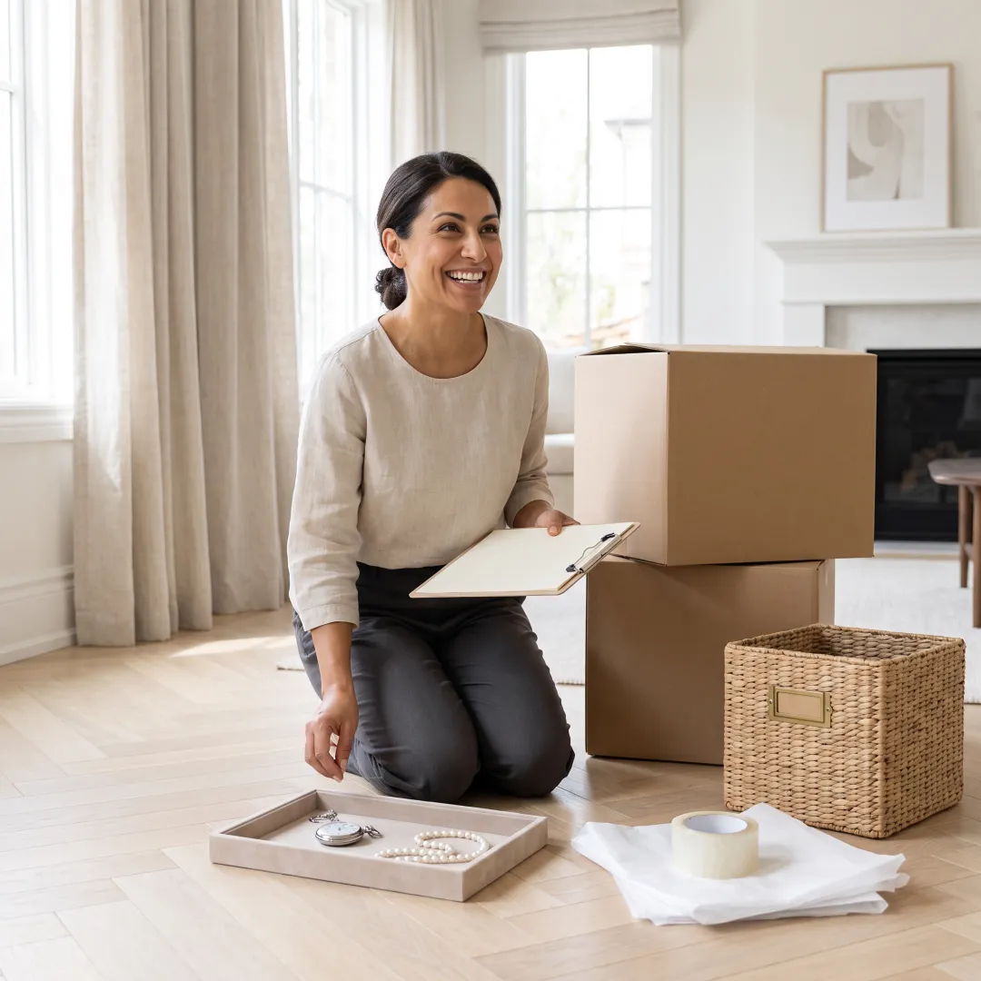 Organizer reviewing estate inventory with packed boxes