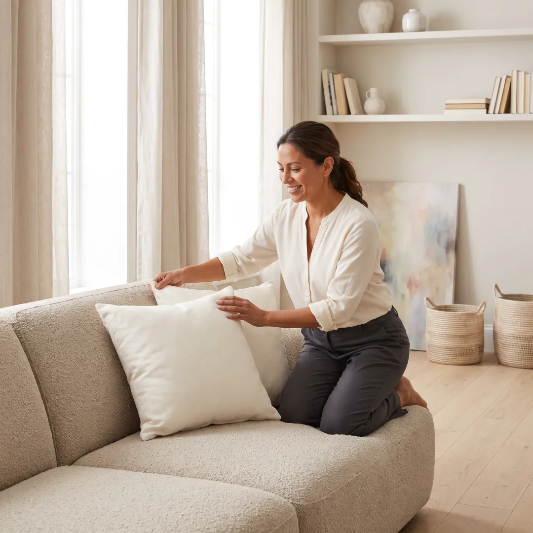 Designer arranging a staged living room