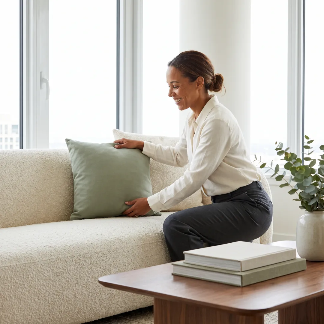 Organizer styling a staged NYC living room