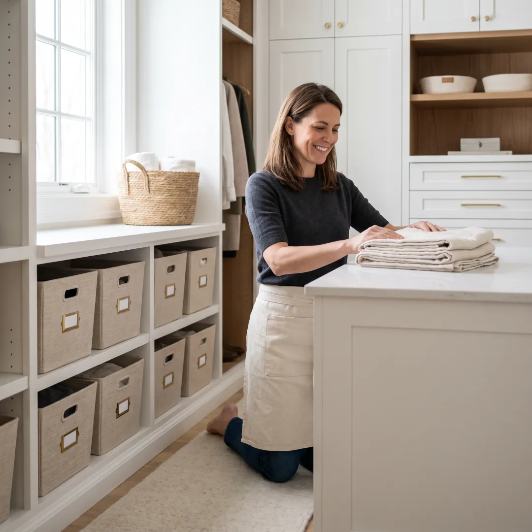 Professional organizer arranging labeled storage bins in a home closet