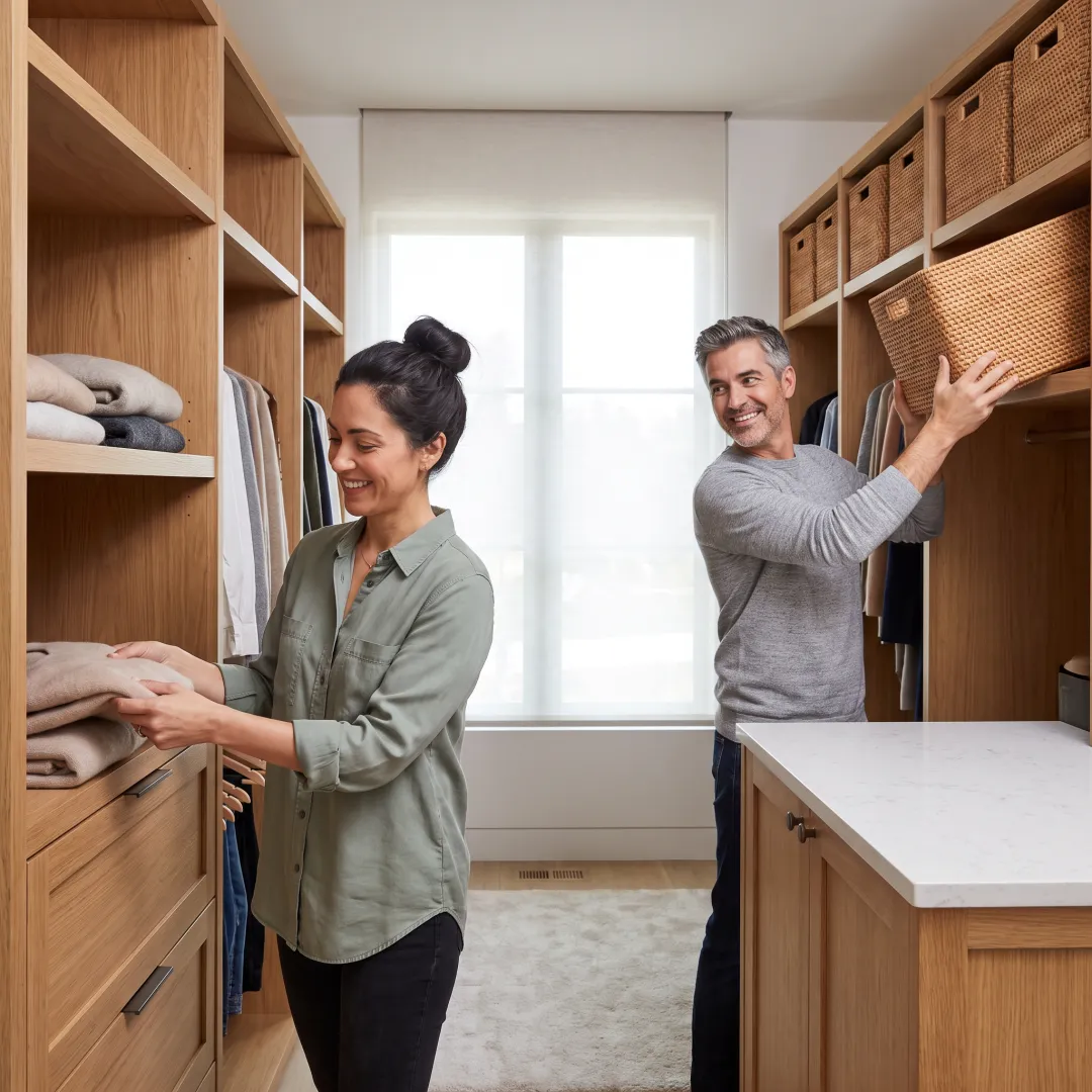 Organizers arranging a calm, decluttered home closet