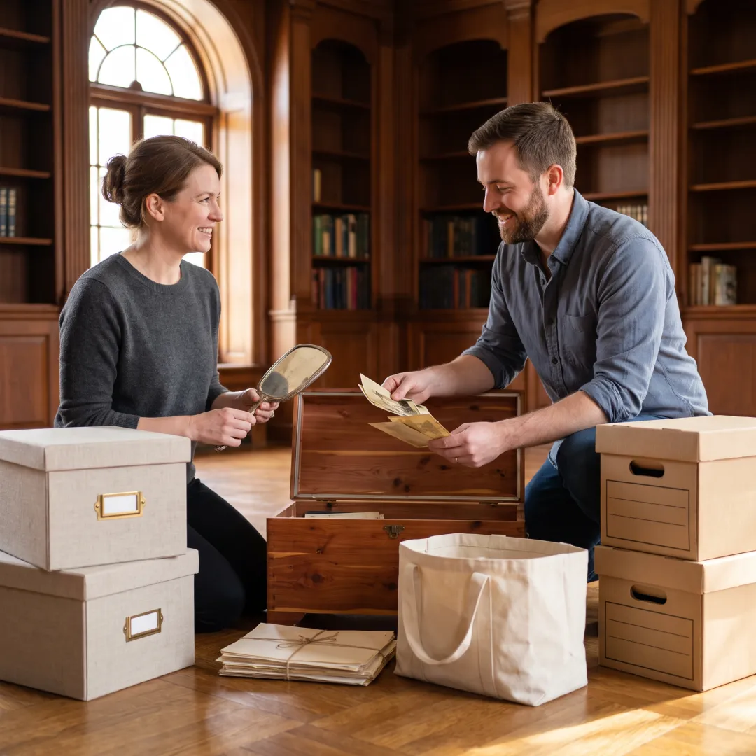 Organizers sorting estate belongings in a refined home