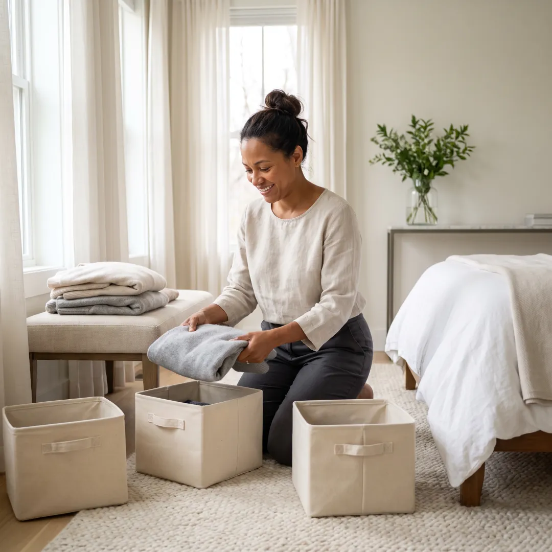 Professional organizer sorting household items into labeled bins