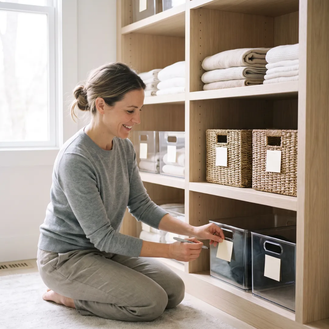 Organizer labeling storage bins in a home closet