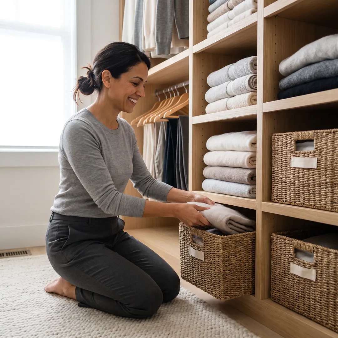 Professional organizer arranging labeled home storage bins