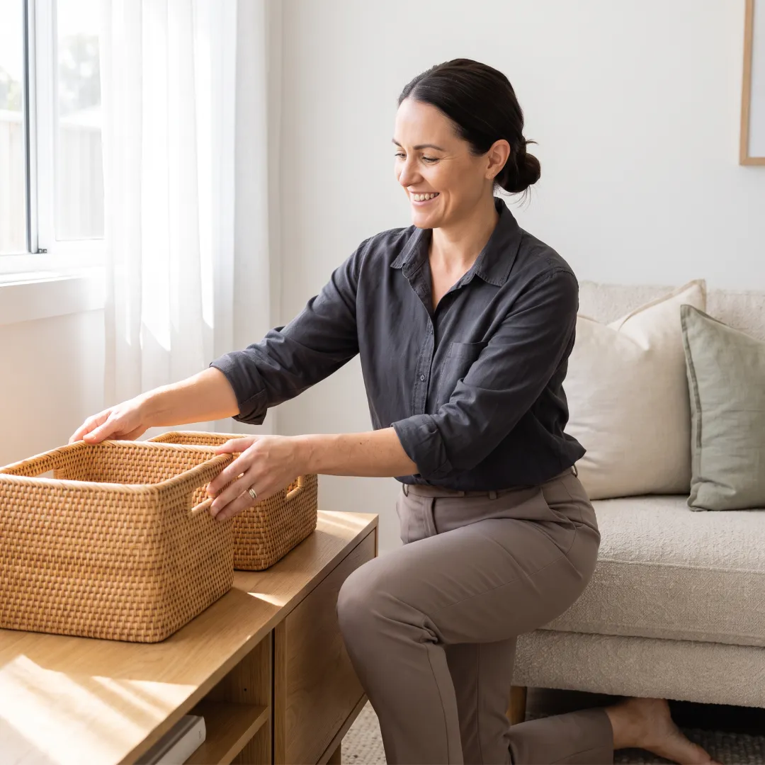 Organizer styling a furnished short-term rental living room
