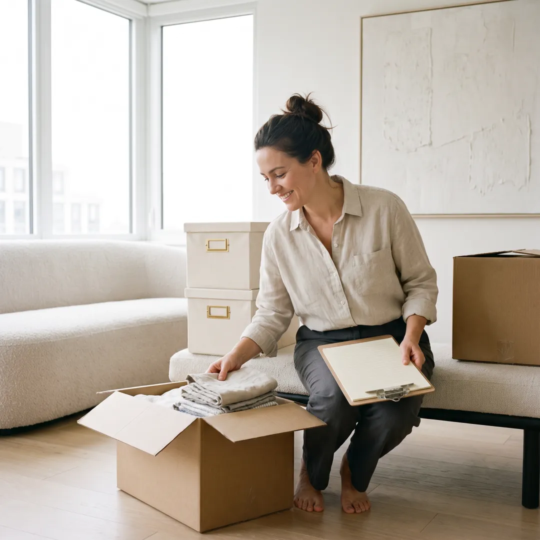 Organizer reviewing property inventory with boxes and labeled items