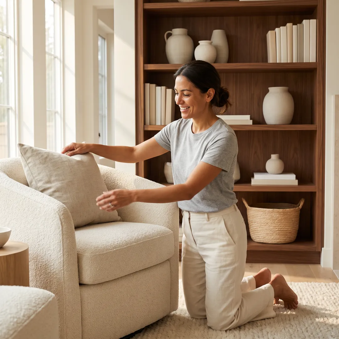Home stylist arranging decor in a bright living room