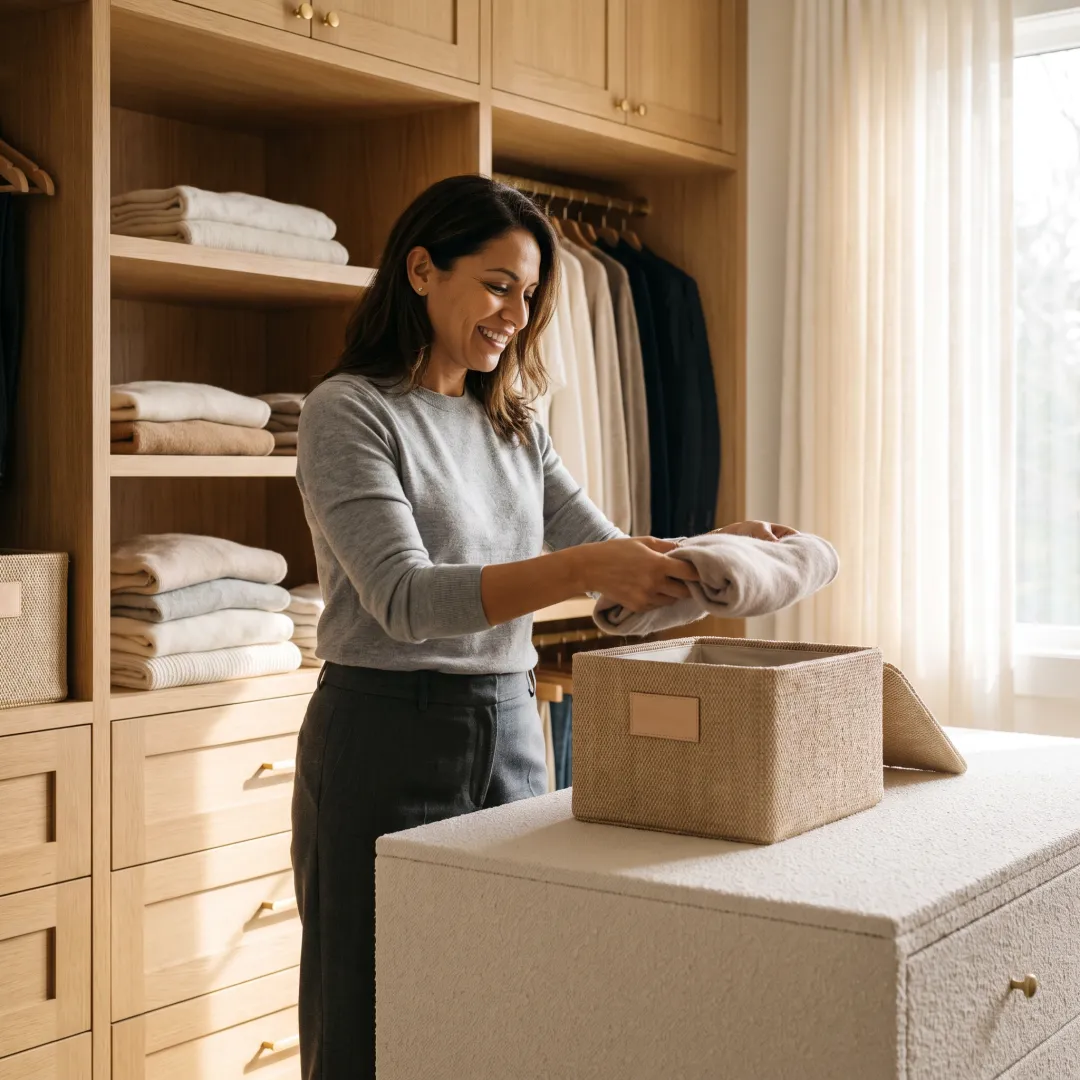 Professional organizer arranging a luxury closet