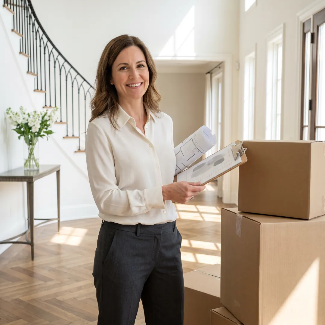 Organizer reviewing relocation checklist with moving boxes