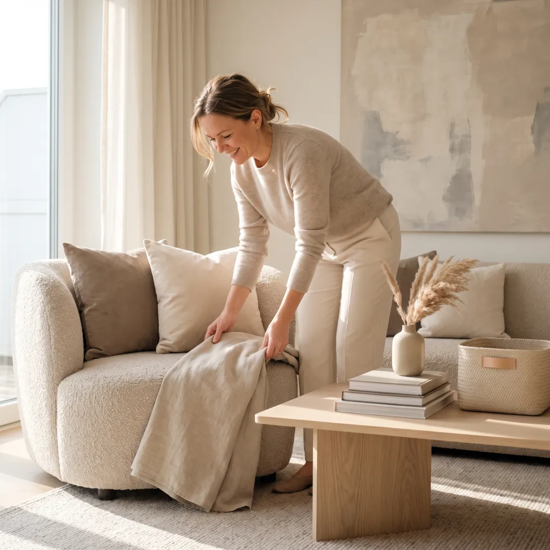 Organizer arranging a styled living room for home staging