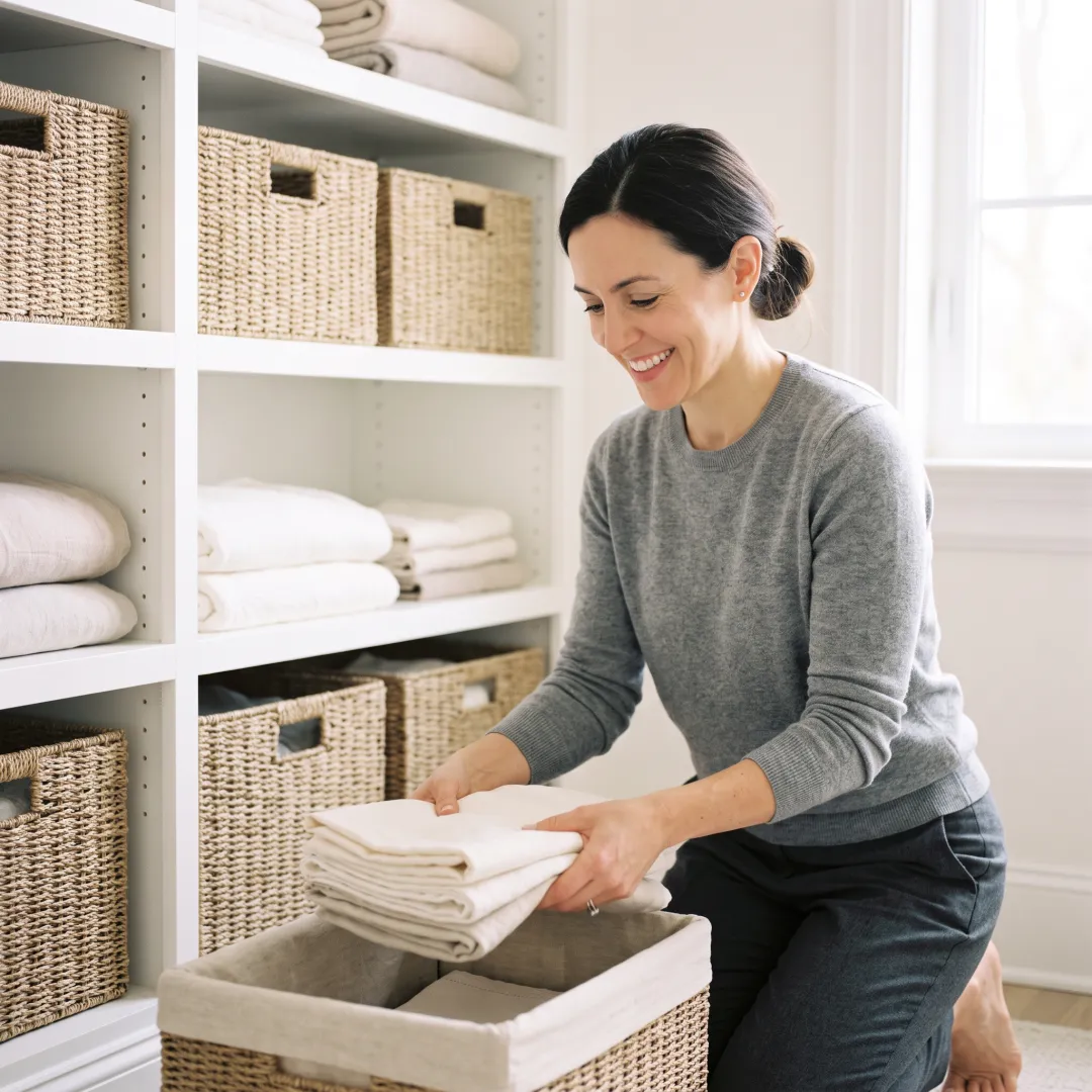 Professional organizer arranging labeled storage bins