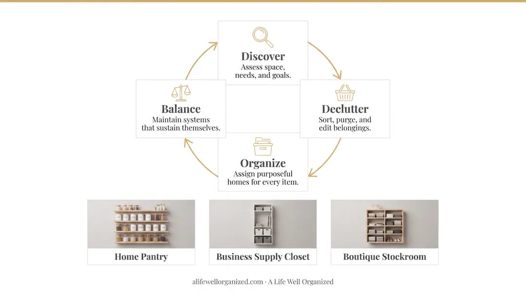 Four-stage inventory storage cycle from receiving to retrieval process