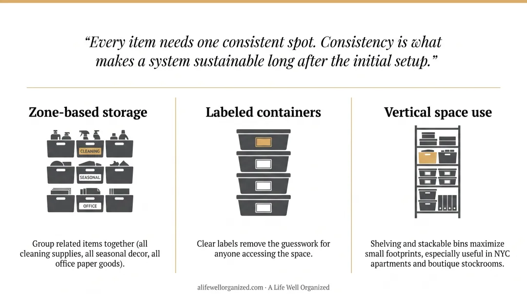 Organized stockroom with labeled bins and zone-based shelving system