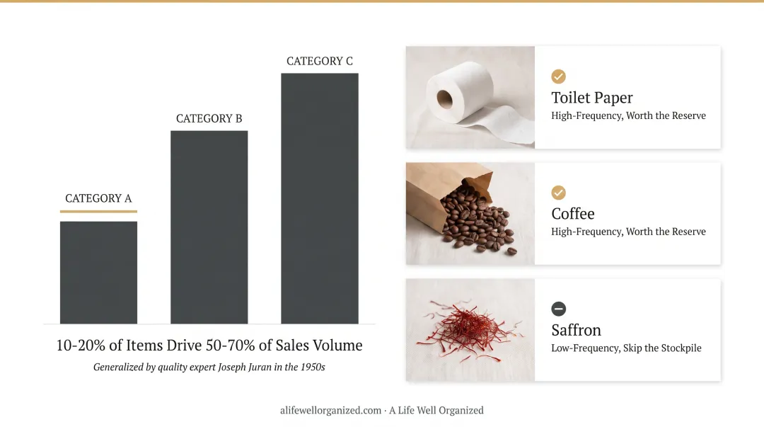 80/20 Pareto rule applied to inventory stockpiling priorities chart