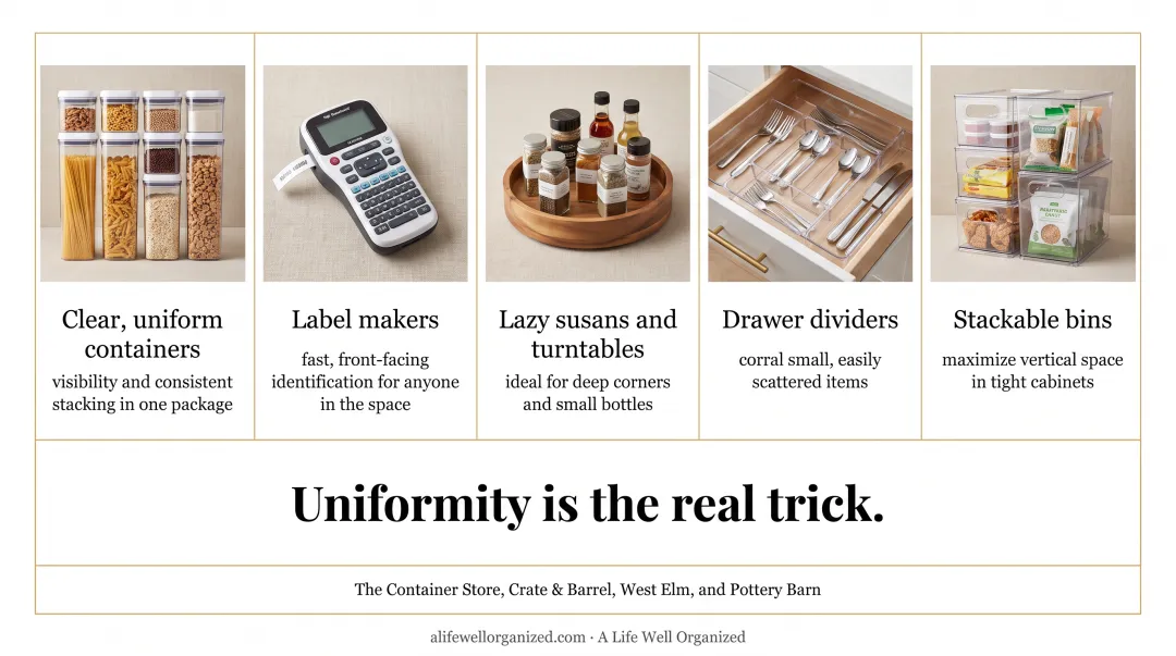 Uniform clear storage containers organized on pantry shelving system
