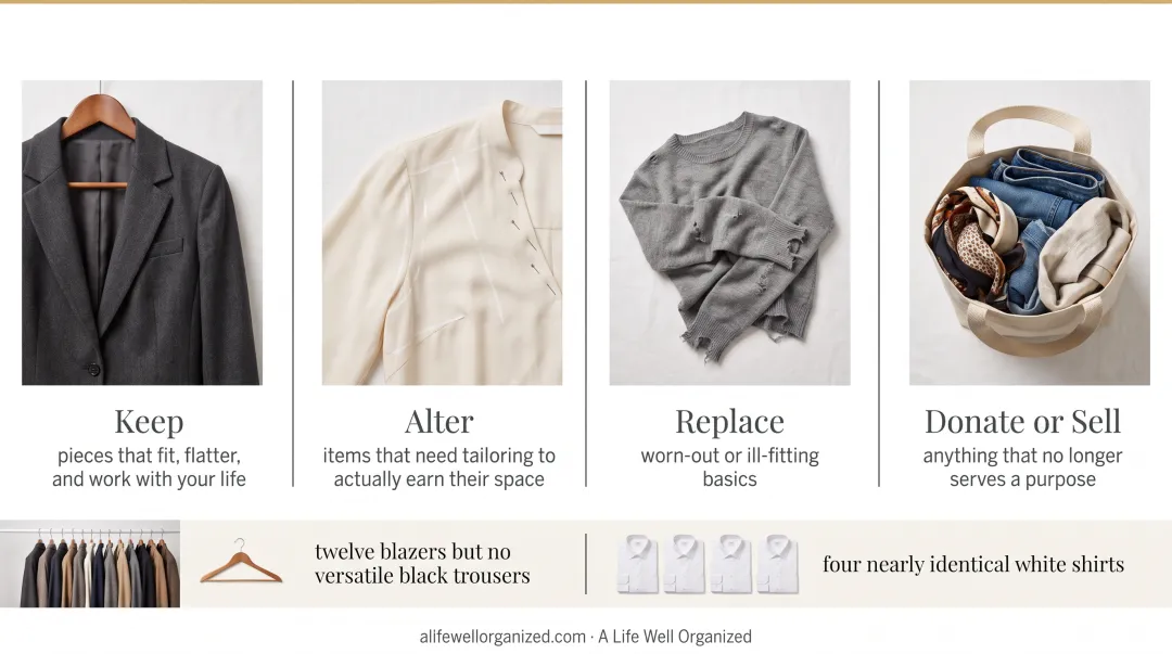 Wardrobe audit sorting categories keep alter replace donate infographic