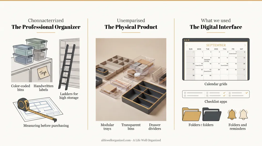 Professional organizer measuring closet space with labeled storage bins