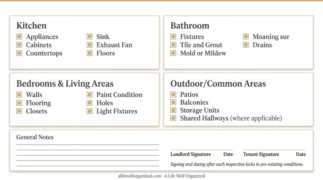 Room-by-room move-out inspection checklist covering kitchen bathroom bedrooms and outdoor areas