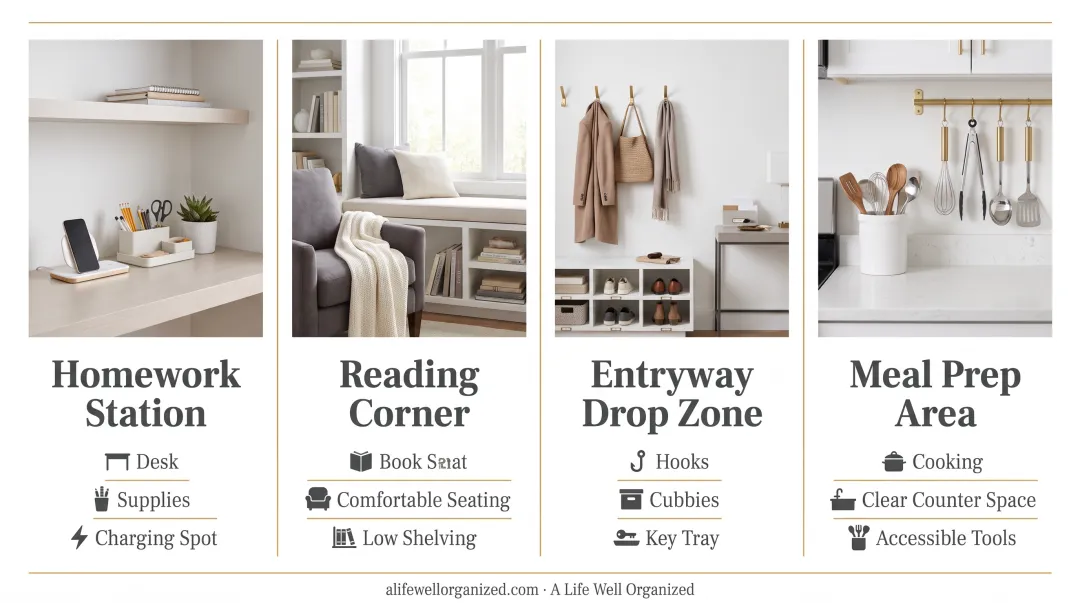 Four functional home zones homework reading entryway and meal prep area layout