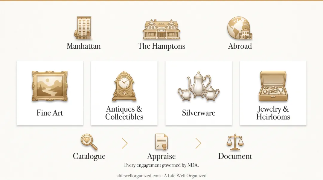 Estate inventory specialist cataloguing fine art and antiques for high-net-worth family