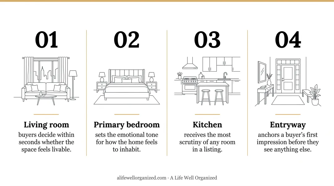Four highest-priority rooms to stage when selling a home infographic