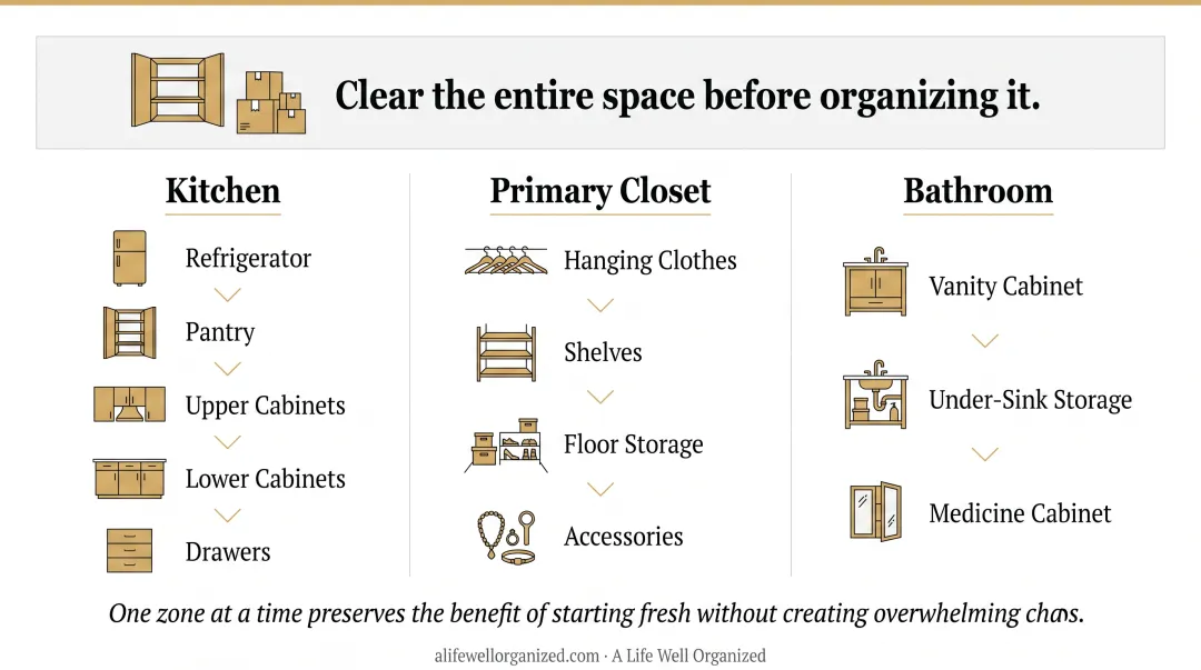 Room-by-room zone breakdown for kitchen closet and bathroom organizing