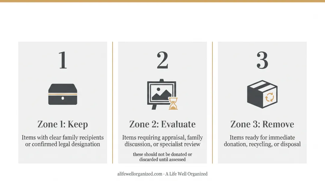 Three-zone estate cleanout sorting system Keep Evaluate Remove process diagram