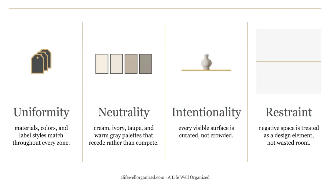 Four quiet luxury home organization principles uniformity neutrality intentionality restraint