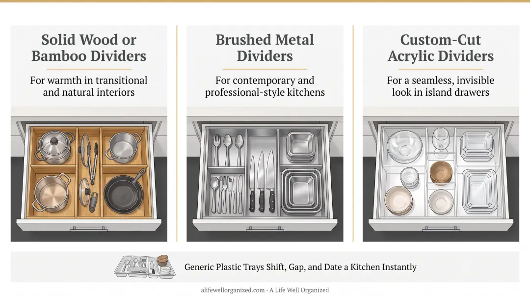 Three luxury kitchen drawer divider material options wood metal acrylic comparison