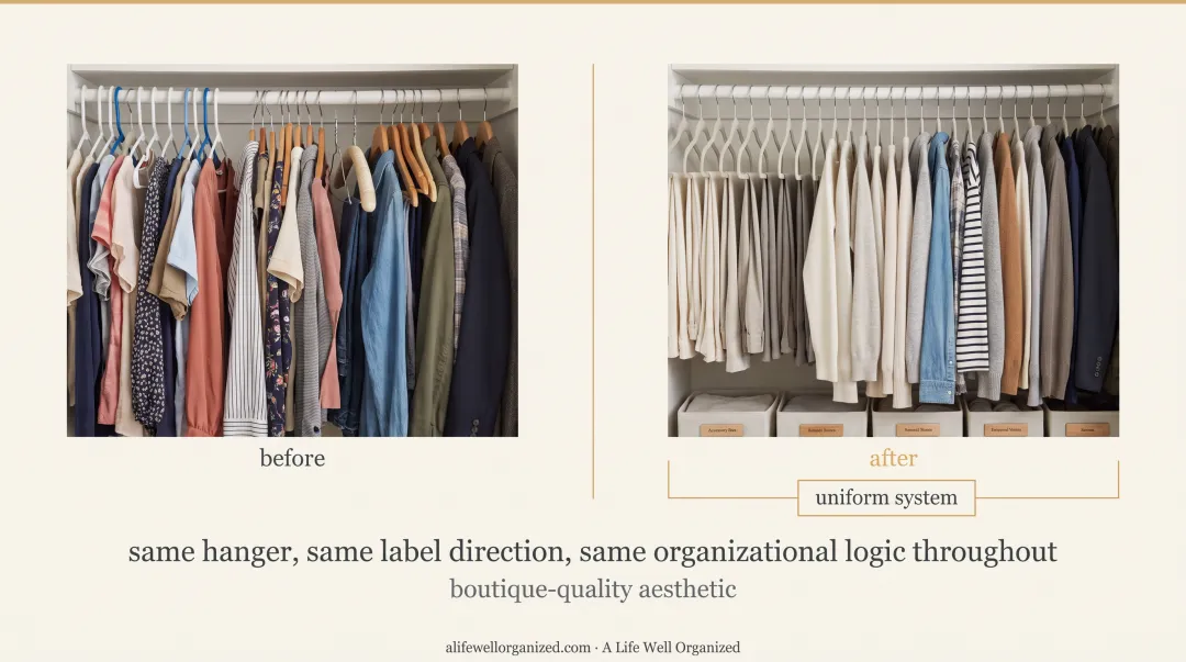 Luxury walk-in closet with uniform velvet hangers boutique-style wardrobe display