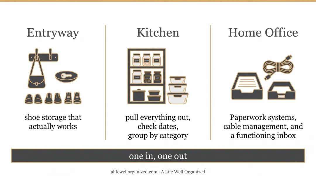 Three high-traffic rooms to organize first entryway kitchen home office priority guide