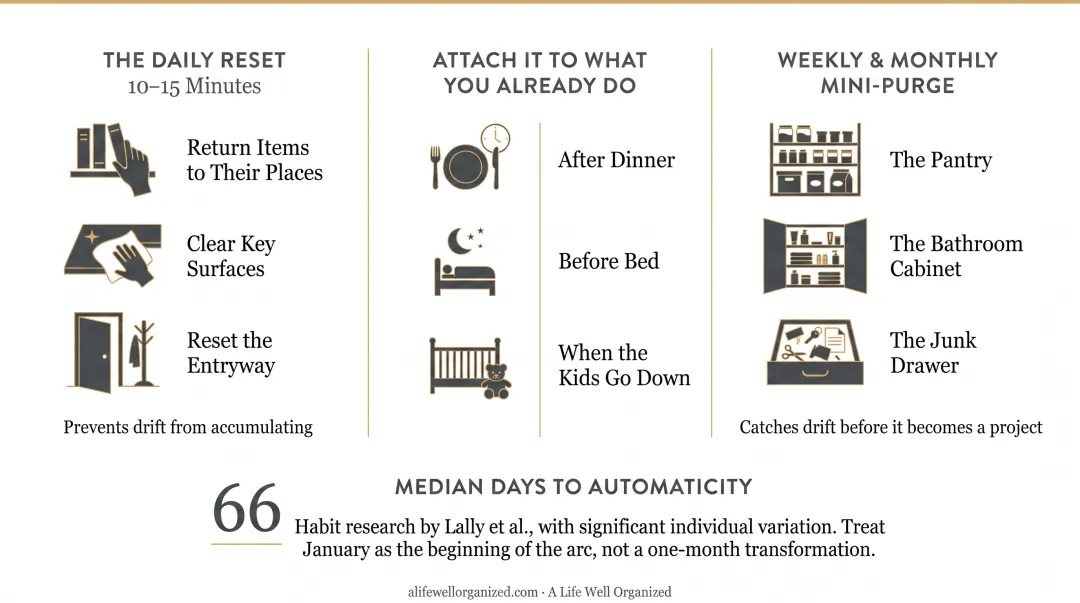Person completing daily home reset routine returning items to organized designated places