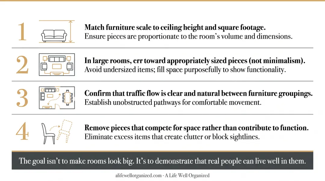 Furniture scale comparison showing oversized versus correctly sized room layout