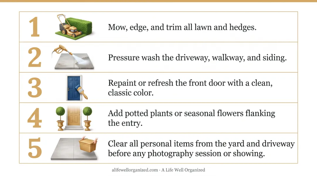 5-step curb appeal improvement checklist process infographic for home sellers