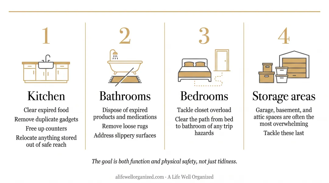 4-room senior home organizing sequence prioritized by safety impact