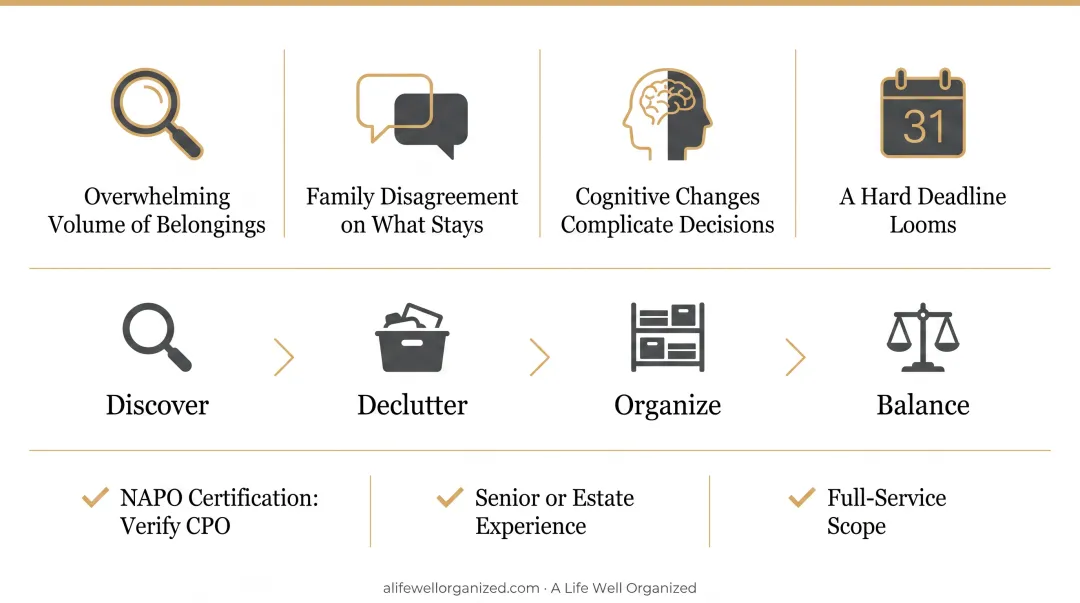 NAPO-certified professional organizer consulting with senior client during home transition