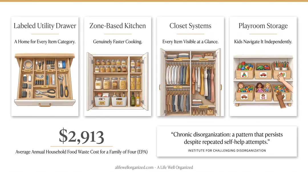 Annual household cost of food waste and disorganization savings infographic