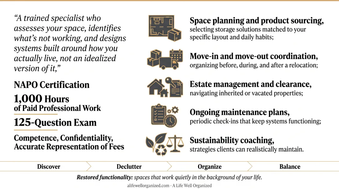 Five professional home organizer service types overview infographic